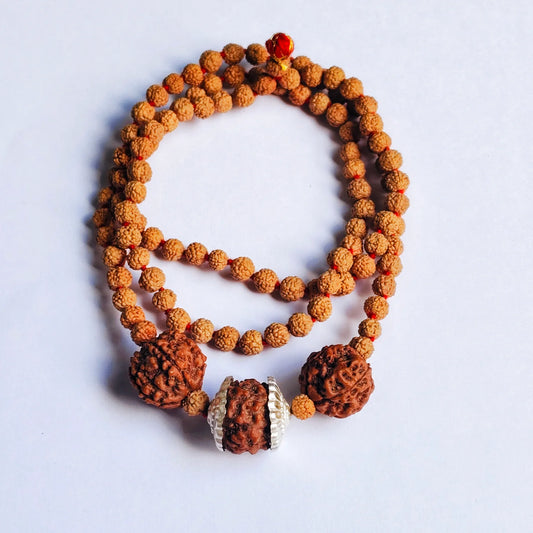 Silver capped Nepali 3 mukhi rudraksha with Nepali 5 Mukhi Rudraksha string with 5 mukhi rudraksha mala