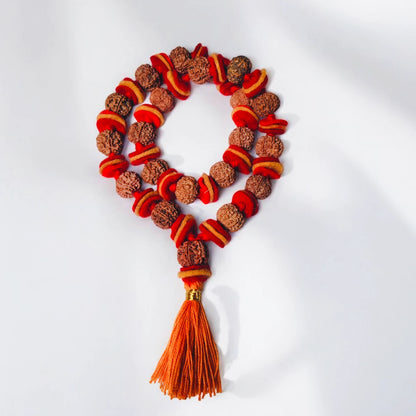 Premium Quality Nepali 7 Mukhi Rudraksha kantha made of 21 Beads with Red and Yellow Velvet