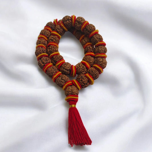 Premium Quality Nepali 5 Mukhi Rudraksha Kantha with Red and yellow Velvet